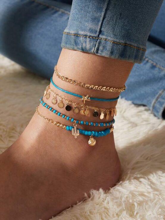 5pcs Cactus & Starfish Decor Anklet