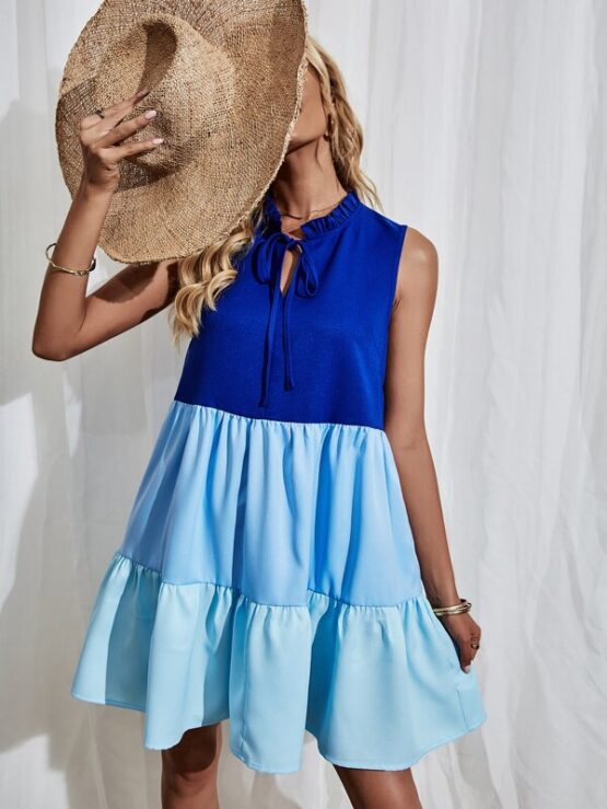 Tie Neck Ruffle Hem Smock Dress