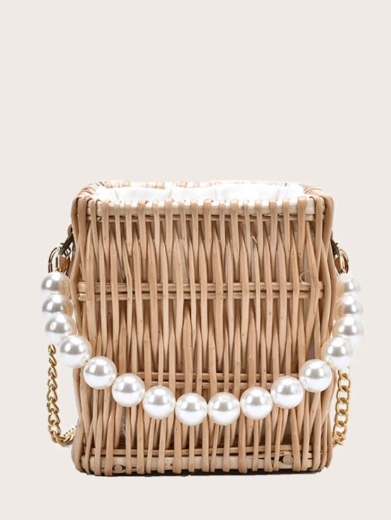 Faux Pearl Handle Rattan Woven Bucket Bag - Image 2