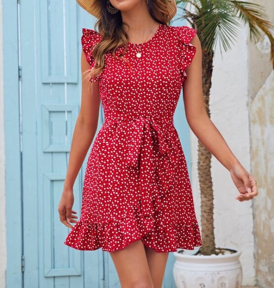 Ruffle Trim Allover Heart Belted Dress