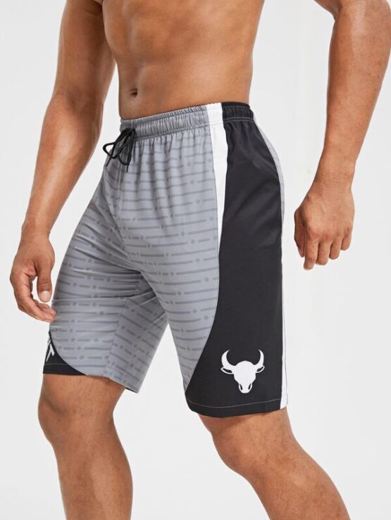 Men Color-block Striped Drawstring Waist Sports Shorts