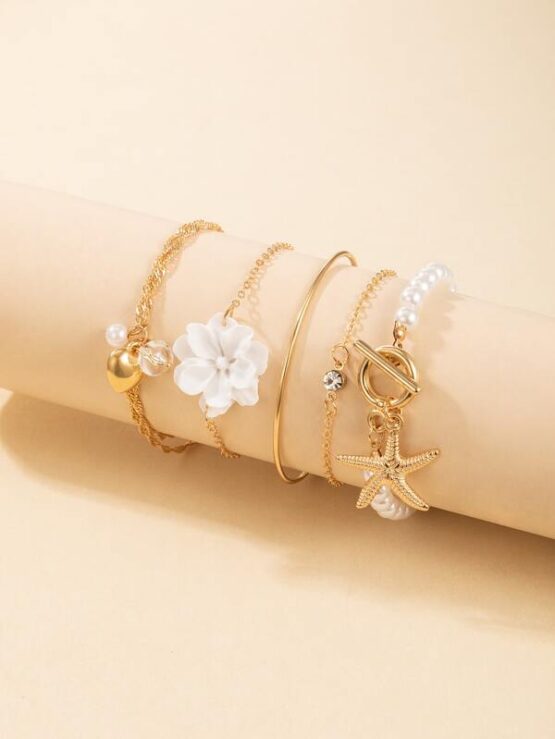 5pcs Flower & Faux Pearl Decor Bracelet - Image 2