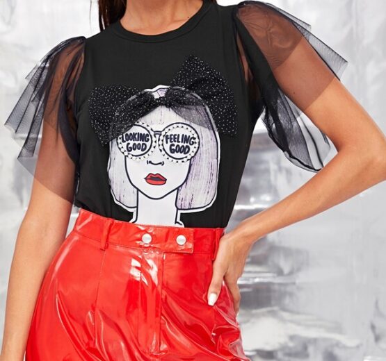 Figure Pearl Detail Layered Mesh Sleeve Top