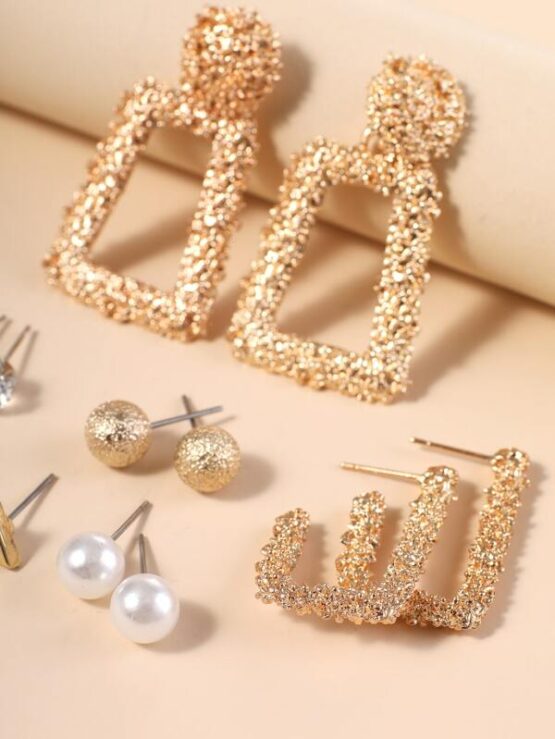 6pairs Rhinestone Detail Geo Earrings