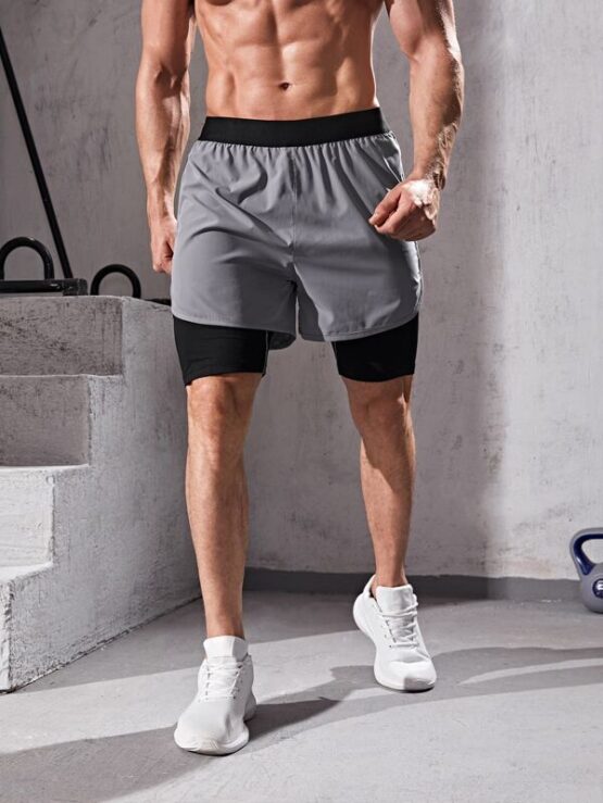 Men 2 In 1 Color-block Sports Shorts With Phone Pocket - Image 2