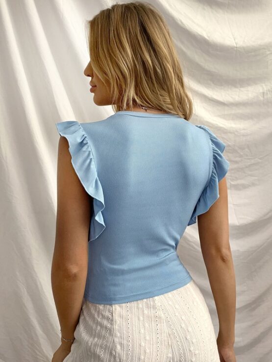 Ruffle Trim Round Neck Rib-knit Top - Image 12