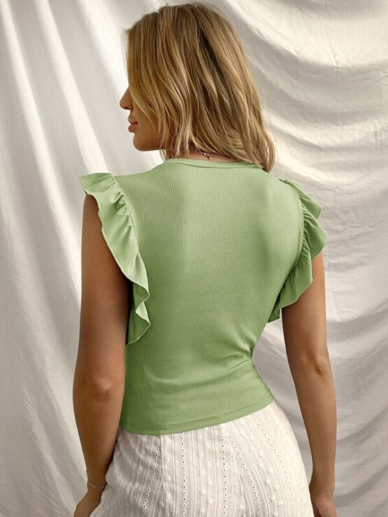 Ruffle Trim Round Neck Rib-knit Top - Image 3
