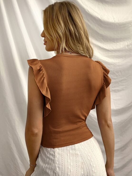 Ruffle Trim Round Neck Rib-knit Top - Image 9
