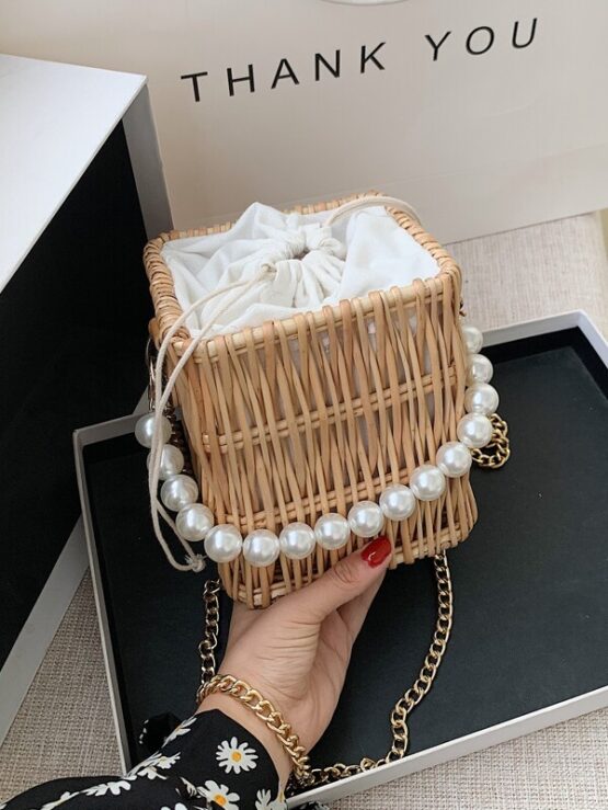 Faux Pearl Handle Rattan Woven Bucket Bag