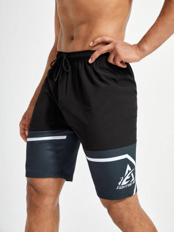 Men Colorblock Drawstring Waist Sports Shorts