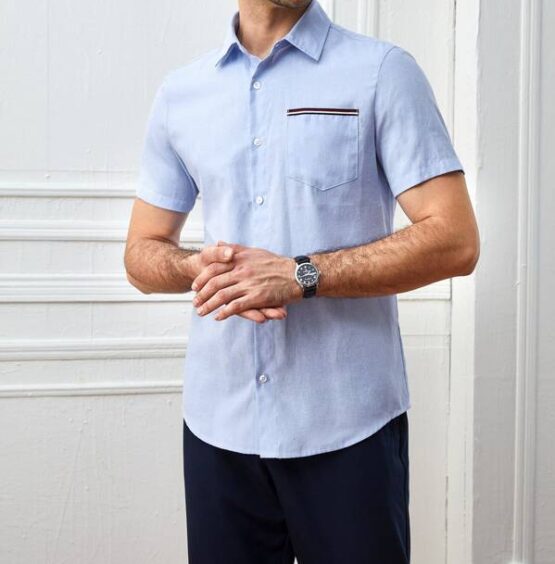 Men Taped Detail Button Front Pocket Patched Shirt - Image 2