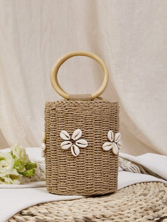 Shell Decor Straw Design Bucket Bag - Image 2