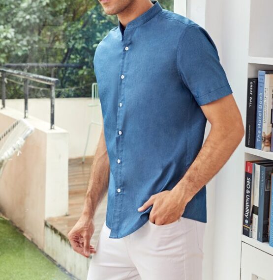 Men Mock Neck Cuffed Sleeve Shirt - Image 3