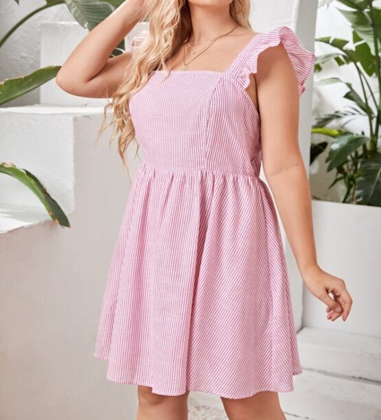 Plus Ruffle Trim Tie Back Striped Dress - Image 2