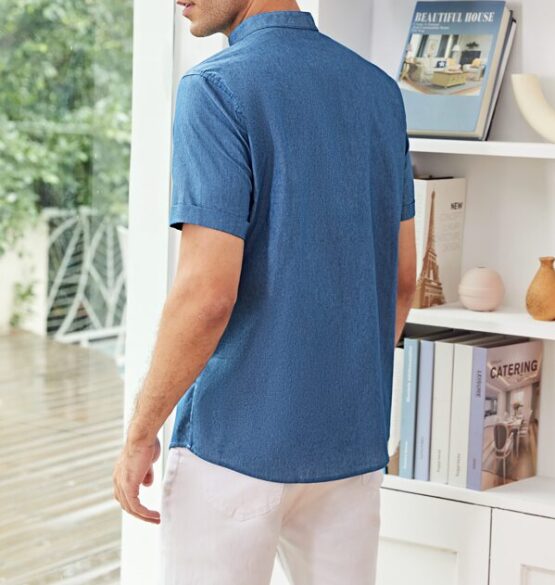 Men Mock Neck Cuffed Sleeve Shirt - Image 2