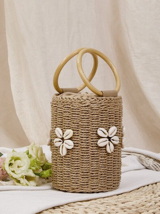 Shell Decor Straw Design Bucket Bag