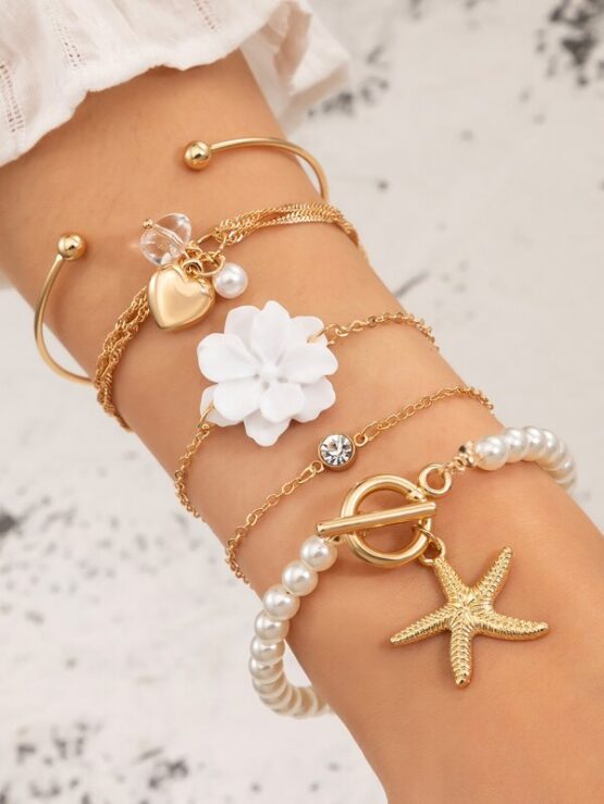 5pcs Flower & Faux Pearl Decor Bracelet