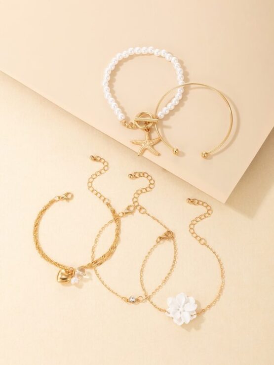 5pcs Flower & Faux Pearl Decor Bracelet - Image 3