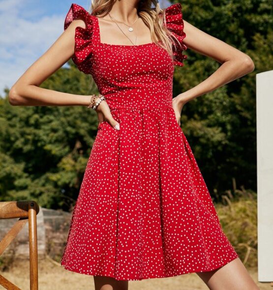 Polka Dot Ruffle Cuff A-line Dress - Image 2