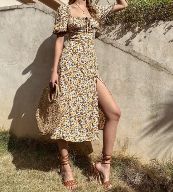 Floral Ruched Bust Split Hem Dress - Image 4