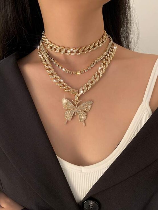 3pcs Rhinestone Butterfly Pendant Necklace