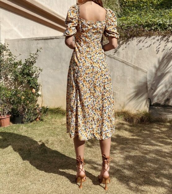 Floral Ruched Bust Split Hem Dress - Image 5