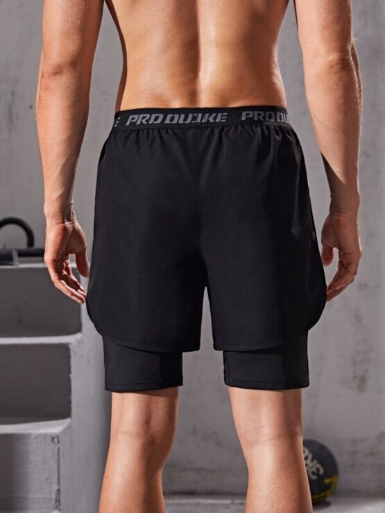 Men Letter Tape 2 In 1 Sports Shorts & Phone Pocket - Image 2