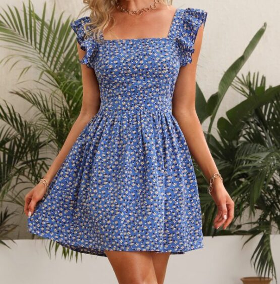 Ditsy Floral Ruffle Armhole Tie Backless Dress