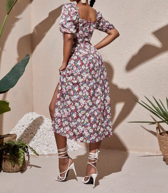 Floral Ruched Bust Split Hem Dress - Image 2