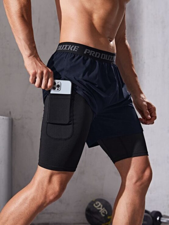 Men Letter Tape 2 In 1 Sports Shorts & Phone Pocket - Image 4