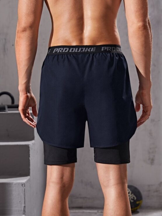 Men Letter Tape 2 In 1 Sports Shorts & Phone Pocket - Image 5