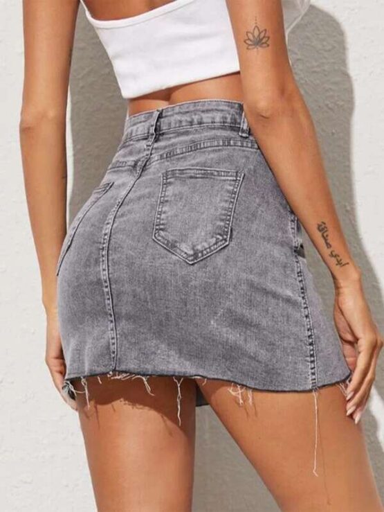 High Waist Raw Hem Denim Skirt - Image 3