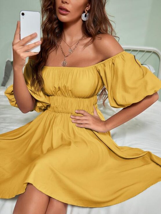 Fantastic  Solid Puff Sleeve Bardot Dress - Image 5