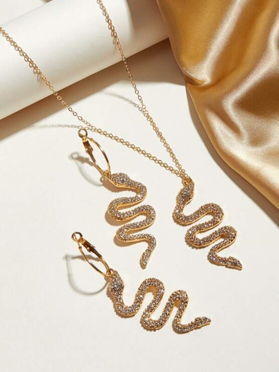 3pcs Rhinestone Decor Snake Charm Necklace & Earrings - Image 2