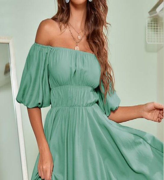 Fantastic  Solid Puff Sleeve Bardot Dress - Image 9