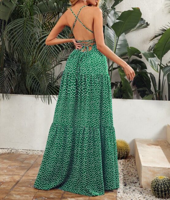 Ditsy Floral Lace Up Backless Tiered Hem Dress - Image 3