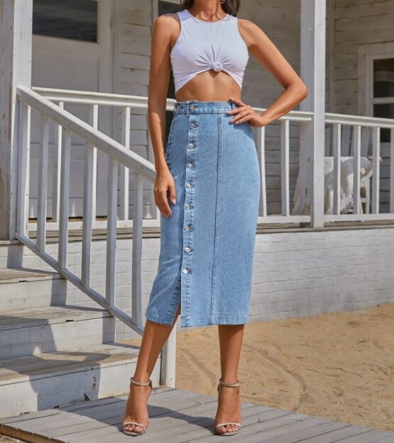 Button Front Longline Denim Skirt - Image 2