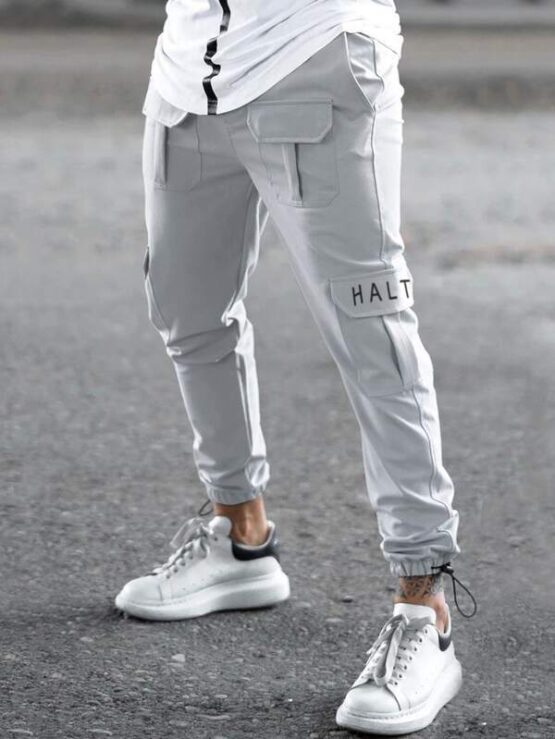 Men Flap Pocket Drawstring Hem Cargo Pants