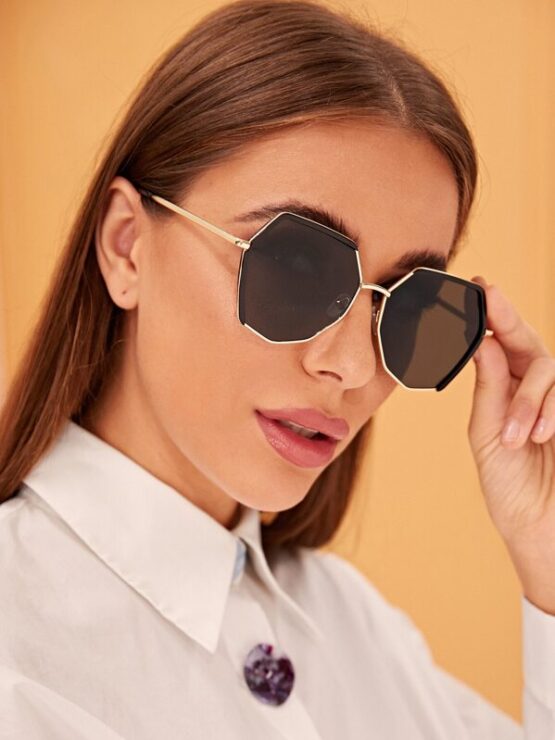 Polygon Frame Flat Lens Sunglasses With Case