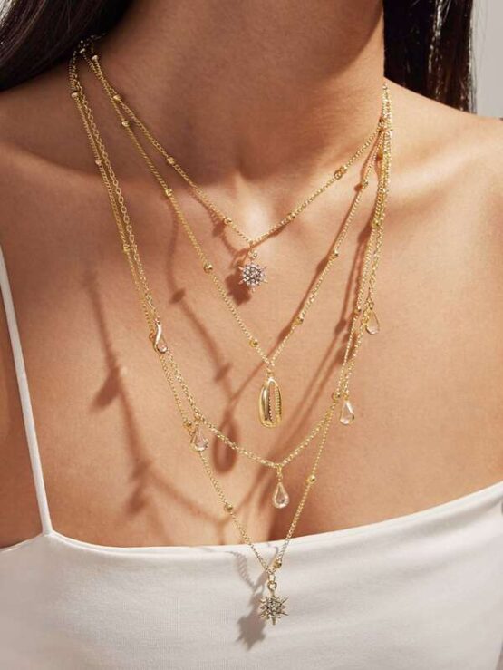 1pc Rhinestone Decor Shell Charm Layered Necklace