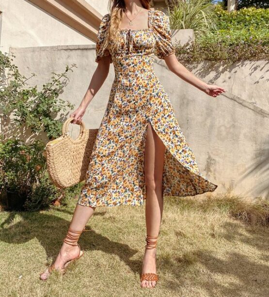 Floral Ruched Bust Split Hem Dress - Image 6