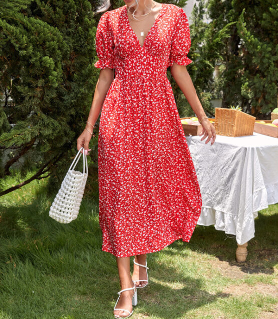 Ditsy Floral Print Ruffle Puff Sleeve Dress
