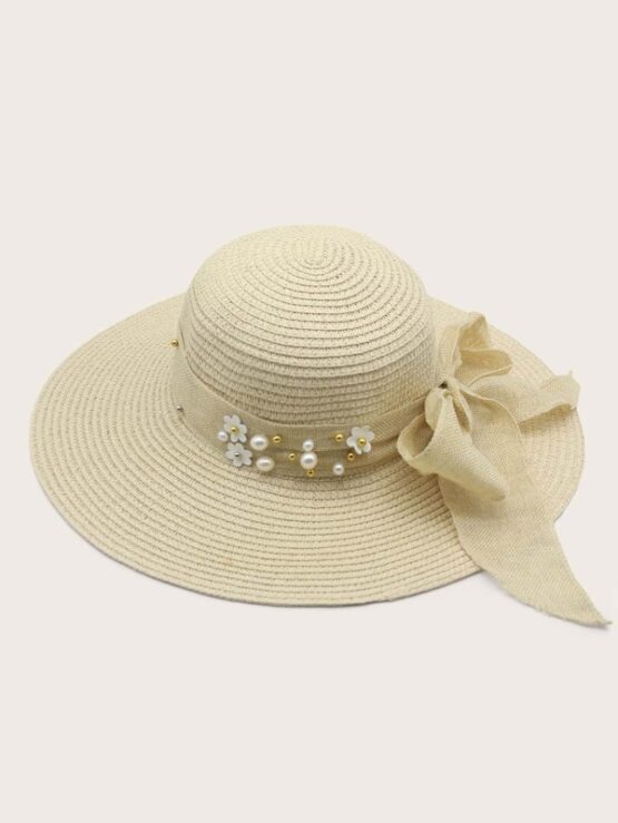 Faux Pearl & Floral Decor Straw Hat - Image 2