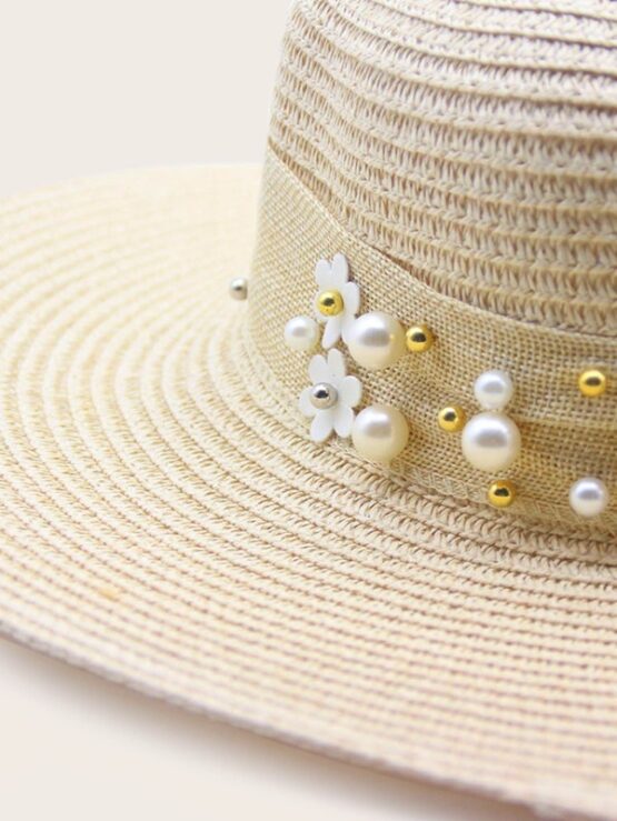 Faux Pearl & Floral Decor Straw Hat - Image 3