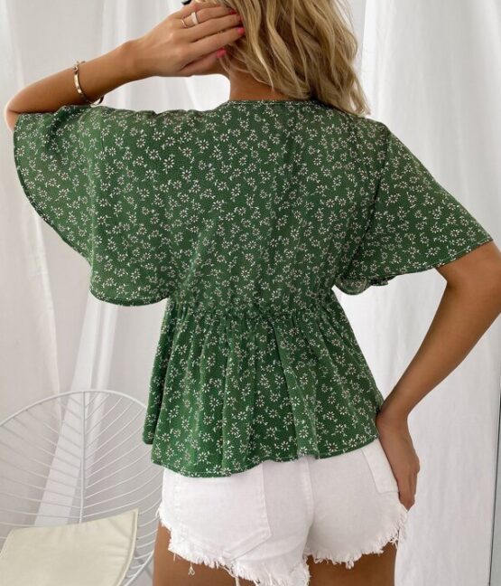 Surplice Neck Dolman Sleeve Ditsy Floral Peplum Top - Image 2