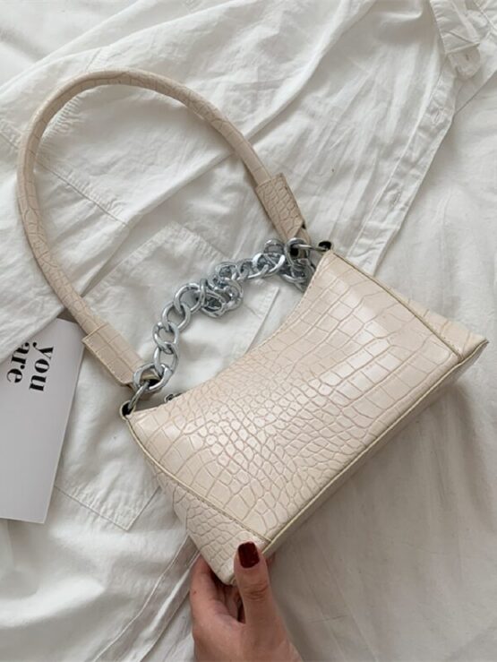 Chain Decor Croc Embossed Shoulder Bag - Image 5