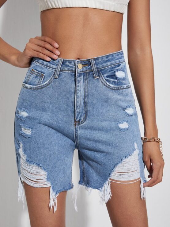 Hot Raw Hem Button Pocket Ripped Denim Shorts - Image 2