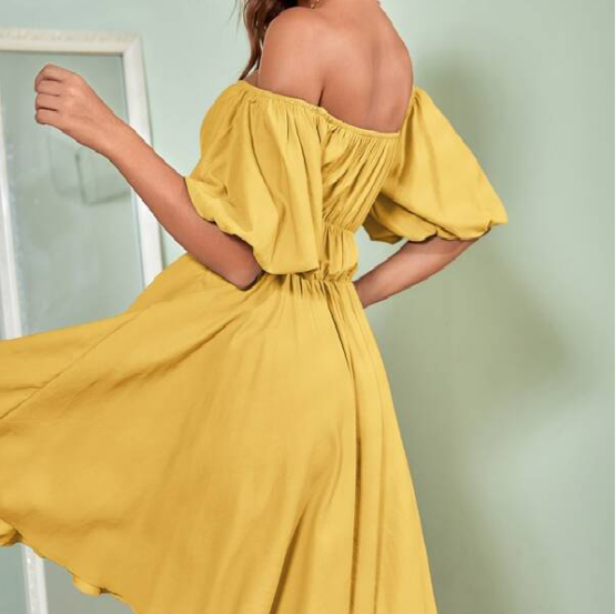 Fantastic  Solid Puff Sleeve Bardot Dress - Image 7