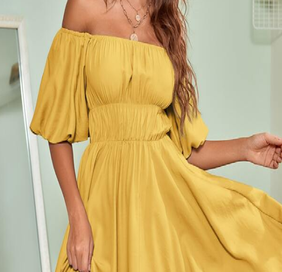Fantastic  Solid Puff Sleeve Bardot Dress - Image 6