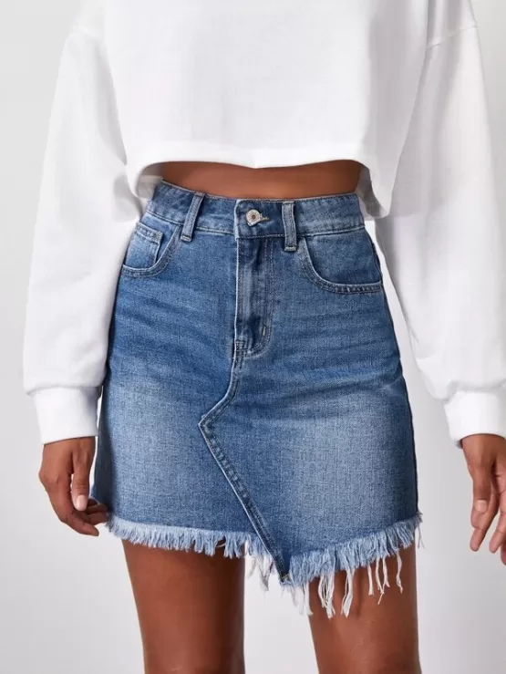 Asymmetrical Raw Hem Denim Skirt
